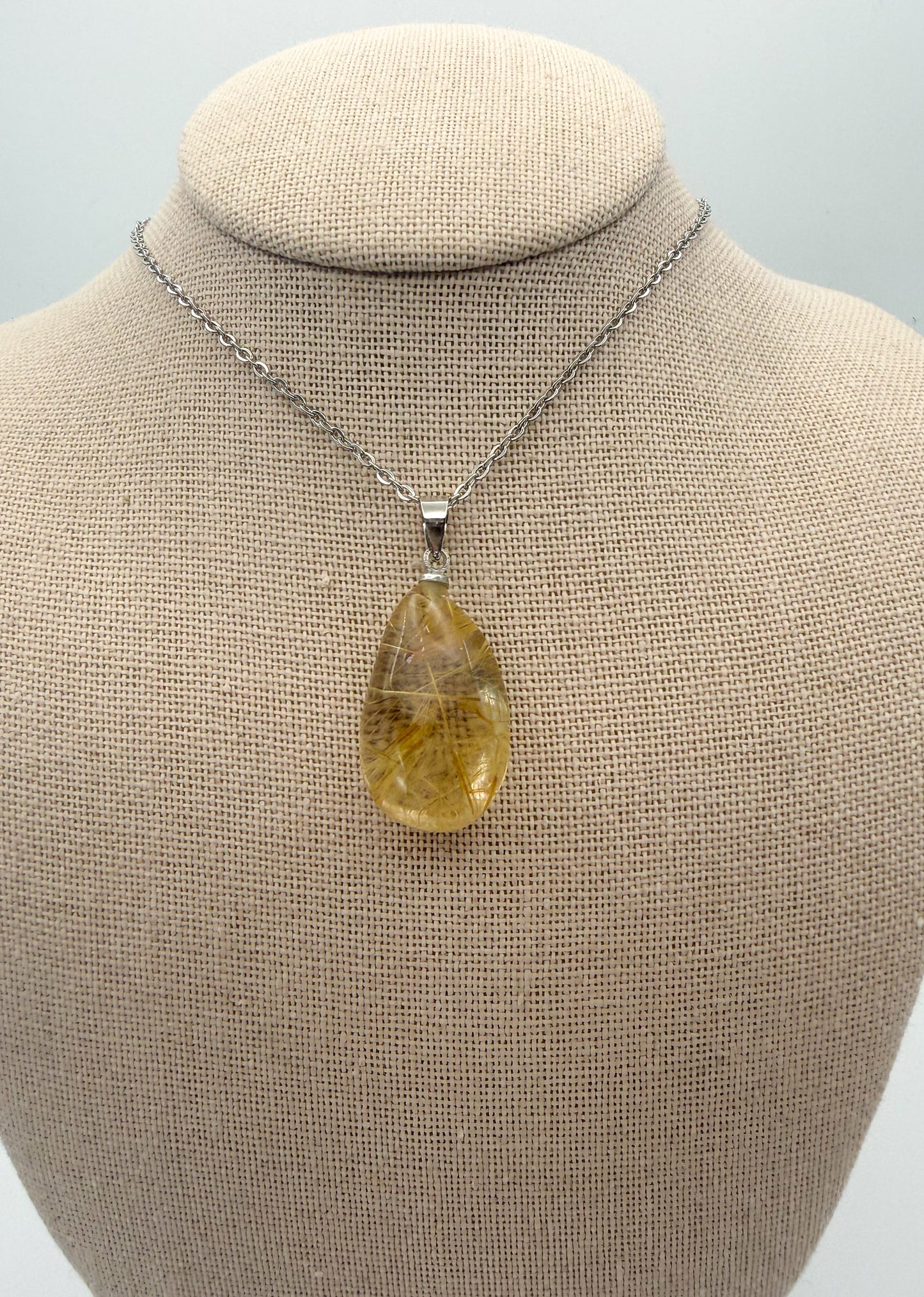 Natural Golden Rutilated Quartz Crystal Teardrop Pendant Stainless Steel Chain Necklace