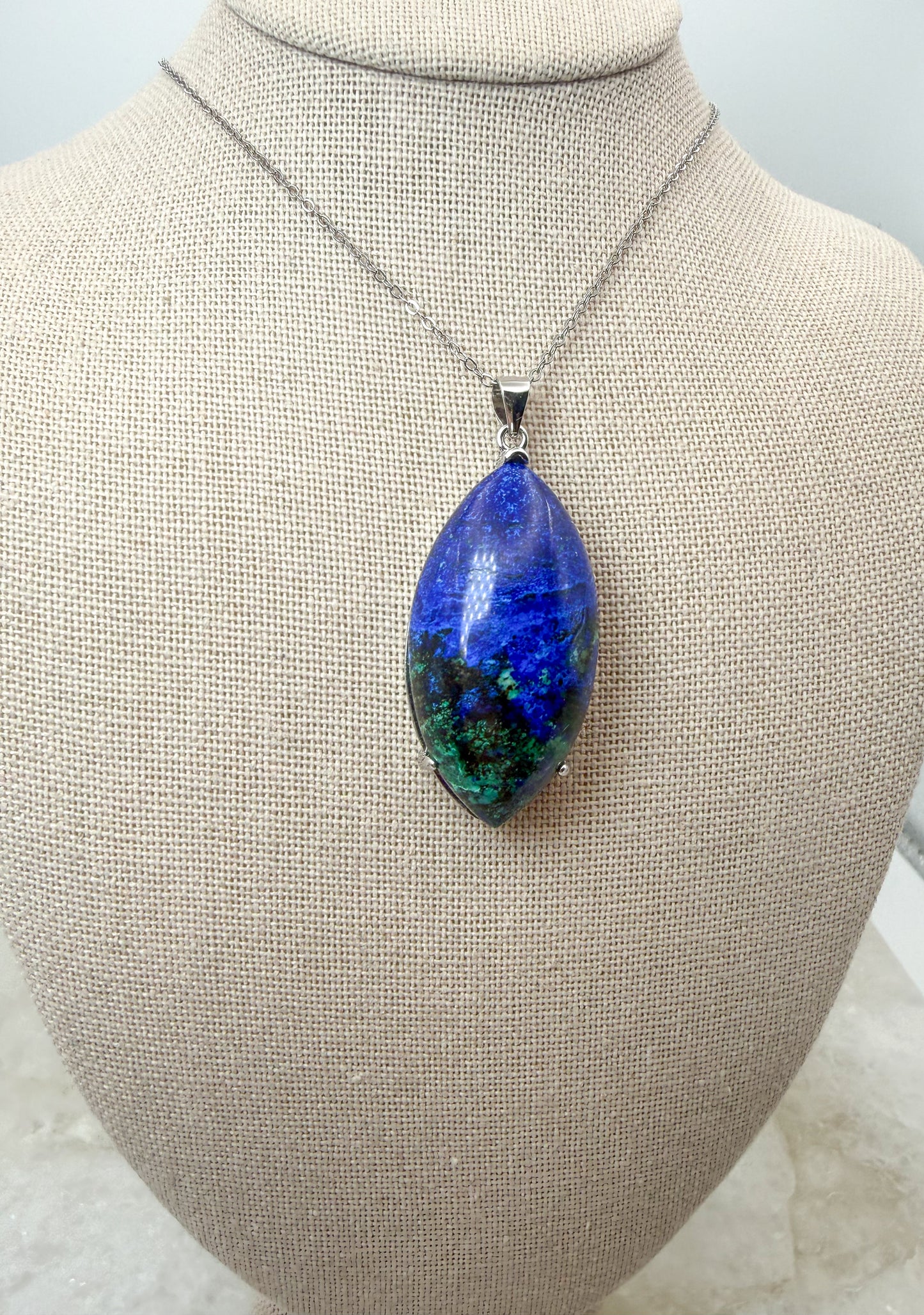 Natural Azurite Pendulum Pendant Stainless Steel Chain Necklace