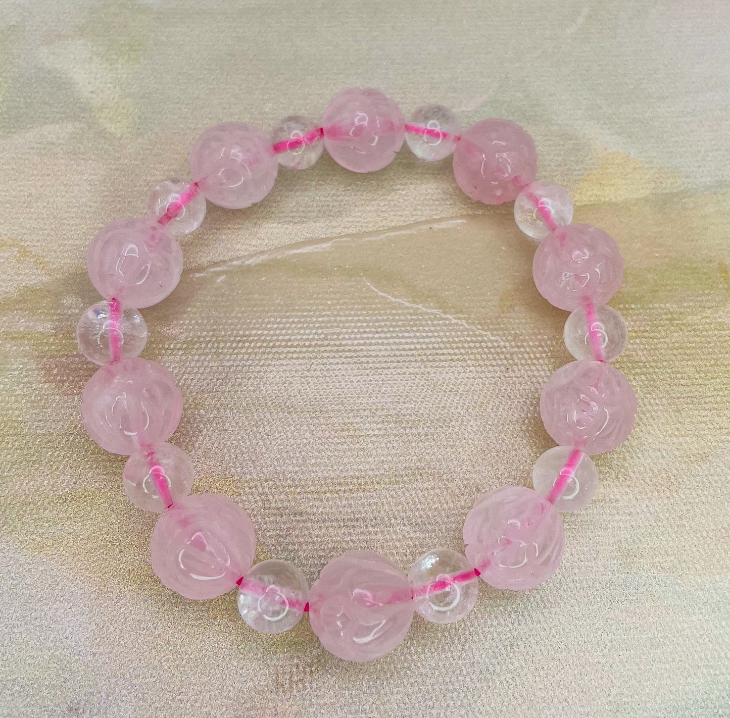 Lotus Craved Natural Crystal Beaded Bracelets- Clear Quartz, Rose Quartz