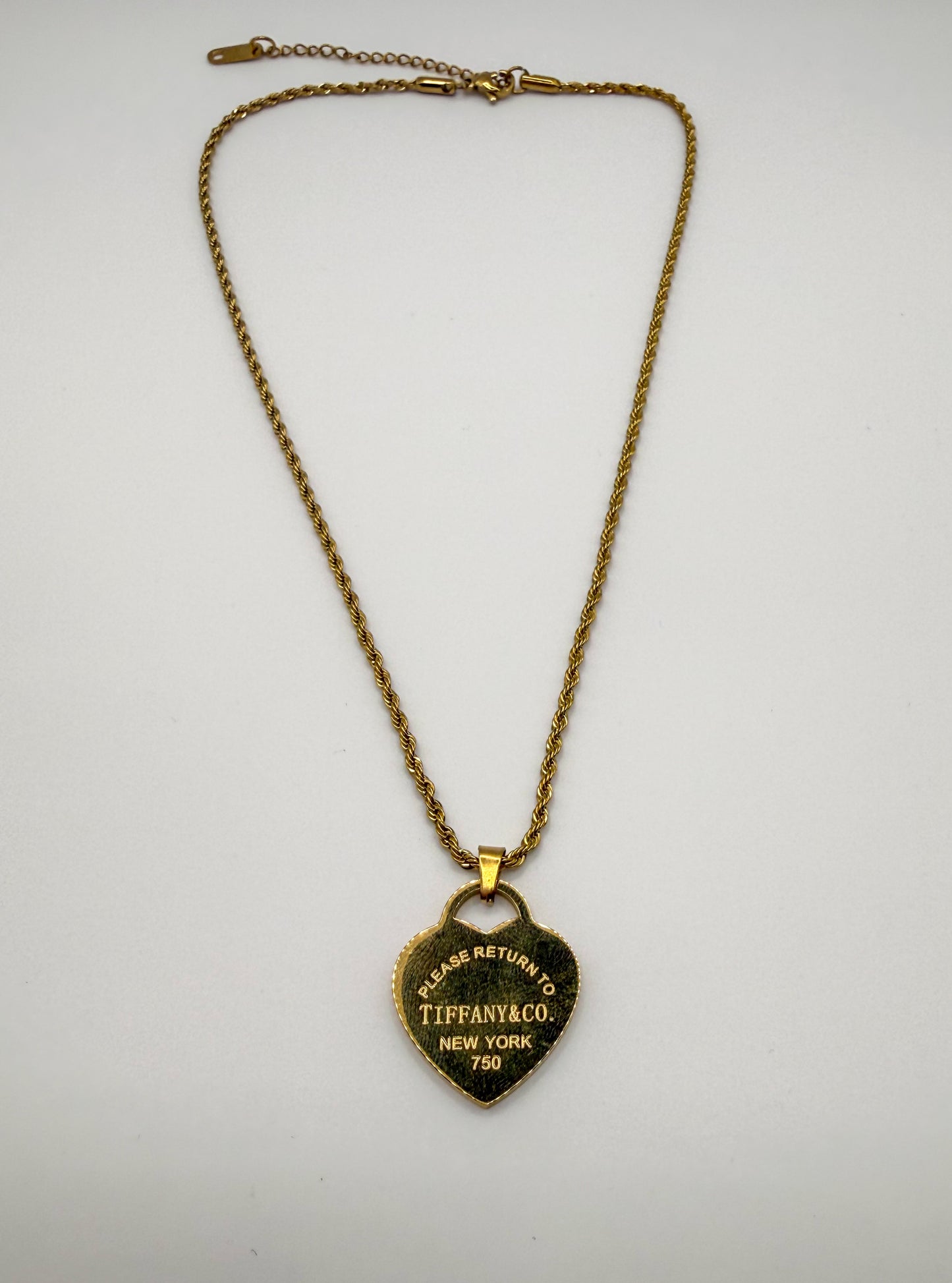 Gold Stainless Steel T&Co Heart Pendant Twist Rope Chain Necklace