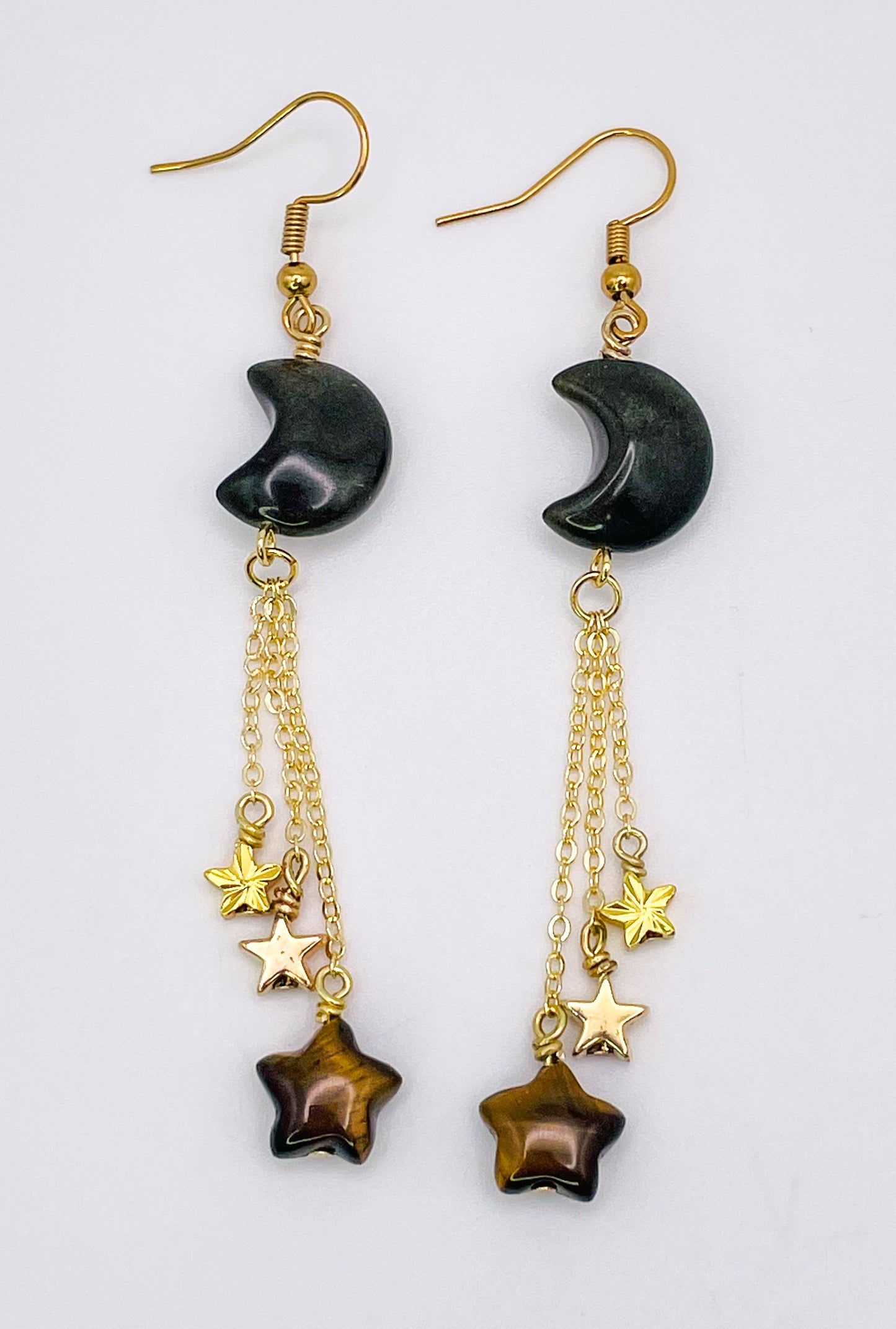 Gold Black Obsidian Moon Dangling Earrings with Natural Tigers Eye Star Beads