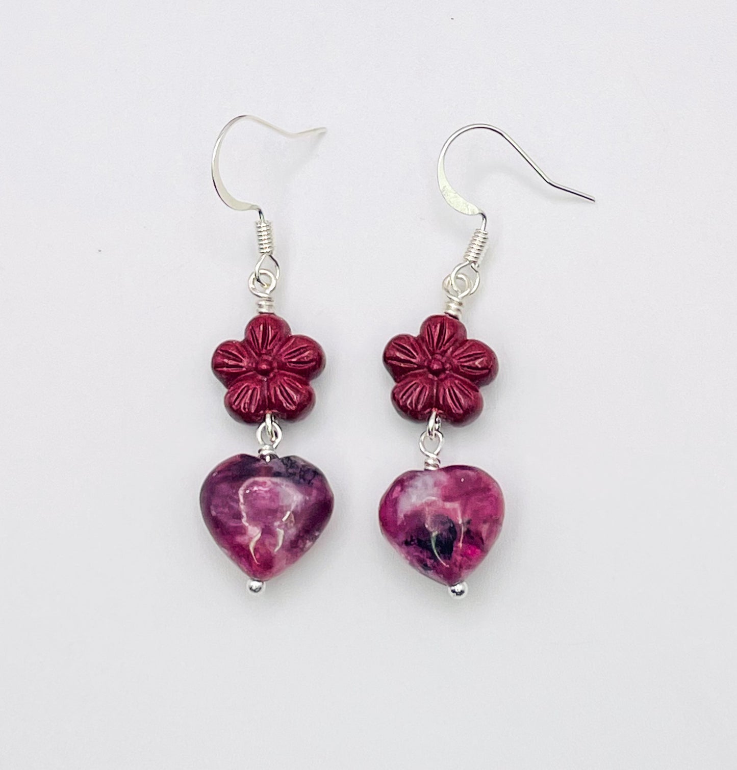 Purple Mica & Cinnabar Heart of Flowers Earrings