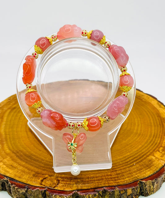 Natural Yanyuan Agate Peony Flower with Butterfly Dangle Carving Adjustable Stretchy Bracelet