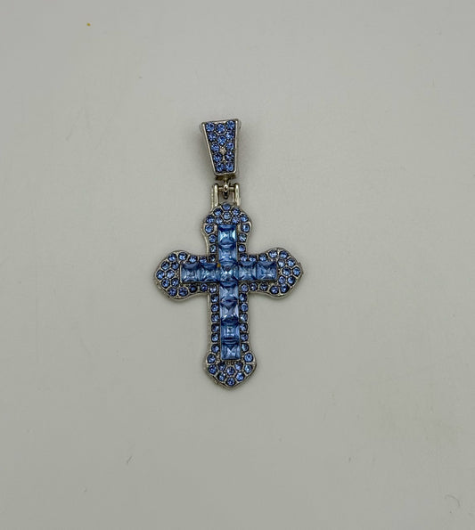 Blue Zircon Covered Silver Cross Pendant