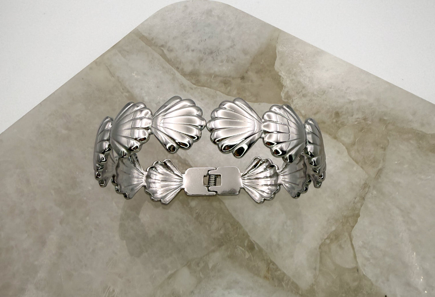 Open Front Silver Stainless Steel Sea Shell Bangle Bracelet