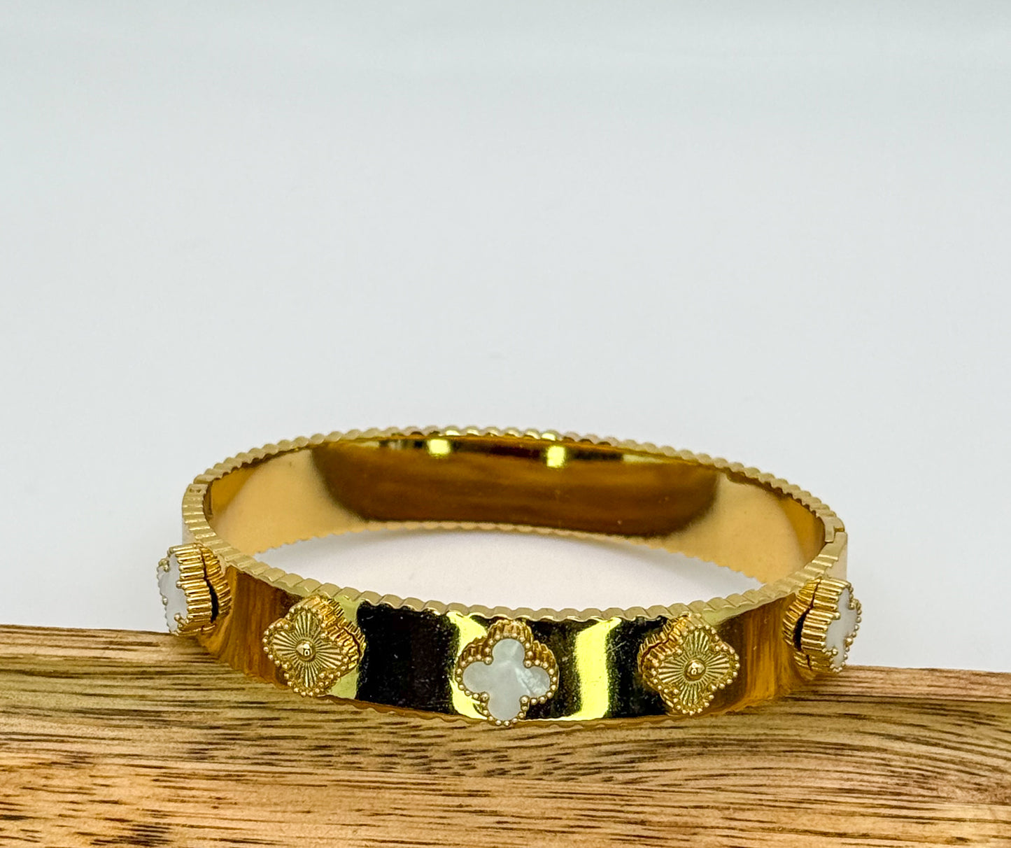 Gold with Mother of Pearl Shell Clover Bangle Bracelet