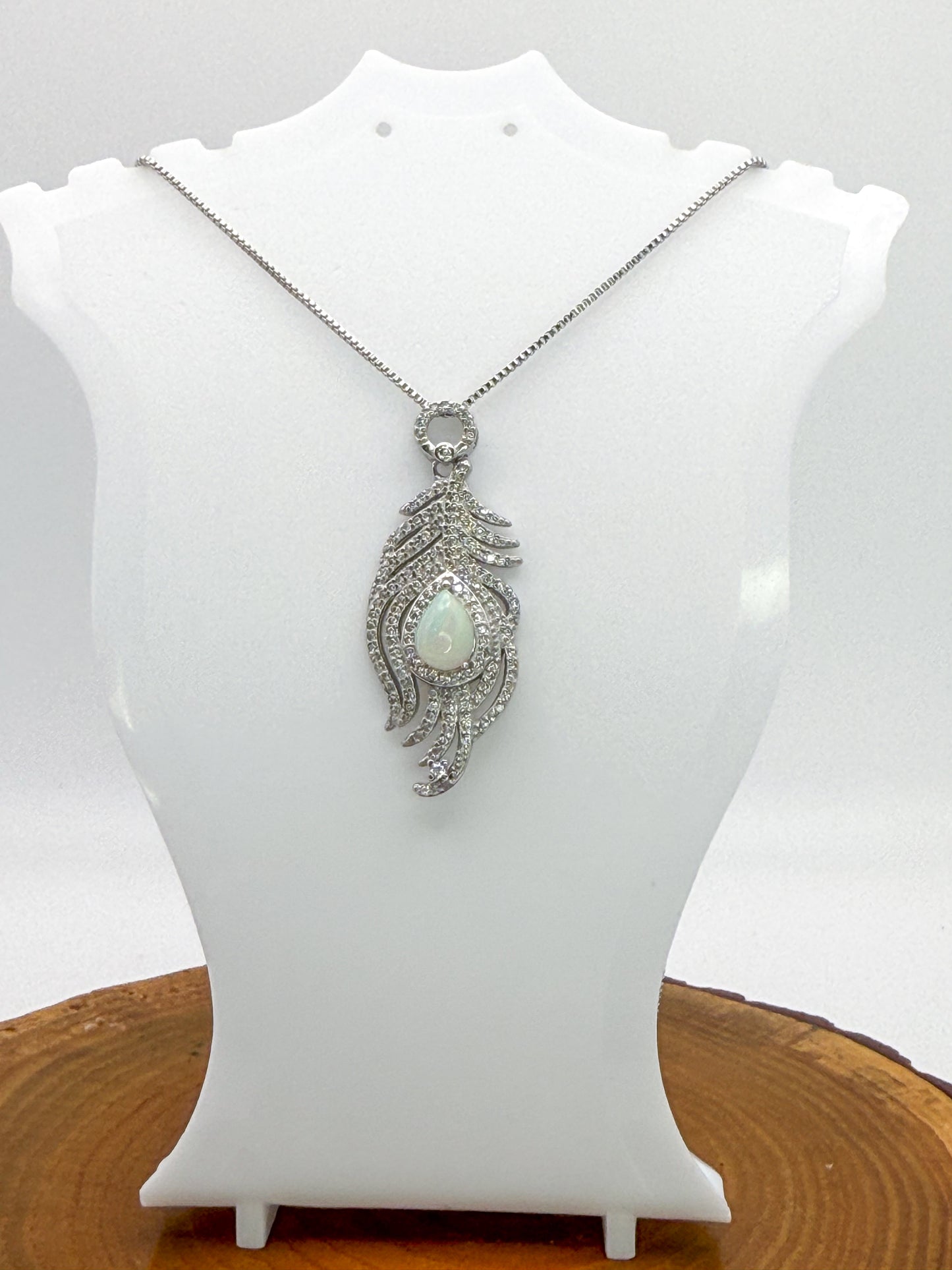 Natural White Opal Sterling Silver Feather Pendant Necklace