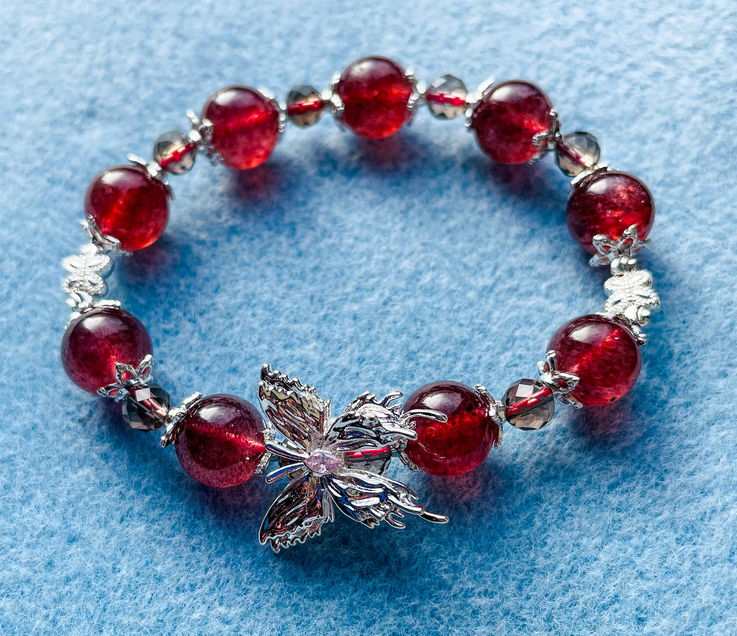 Natural Strawberry Quartz Crystal Silver Butterfly Bracelet