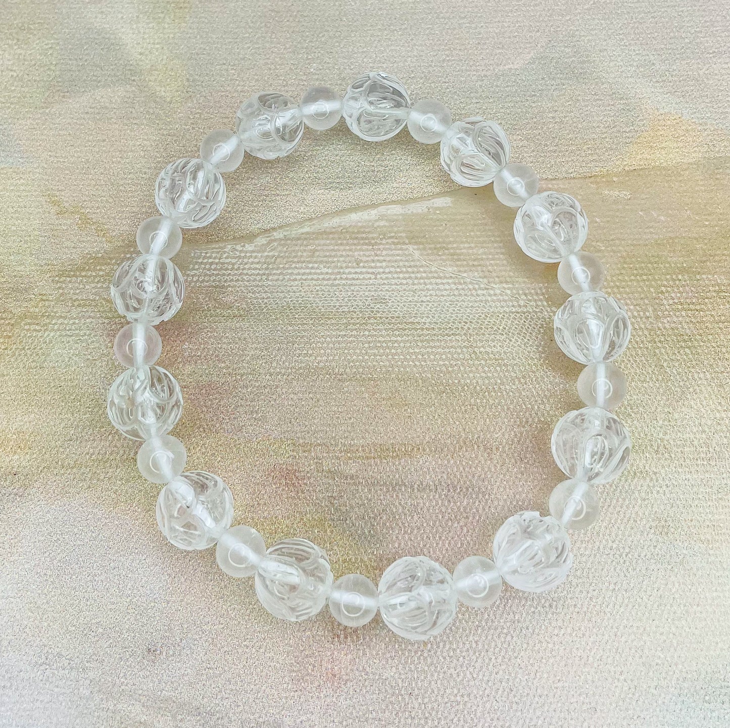 Lotus Craved Natural Crystal Beaded Bracelets- Clear Quartz, Rose Quartz