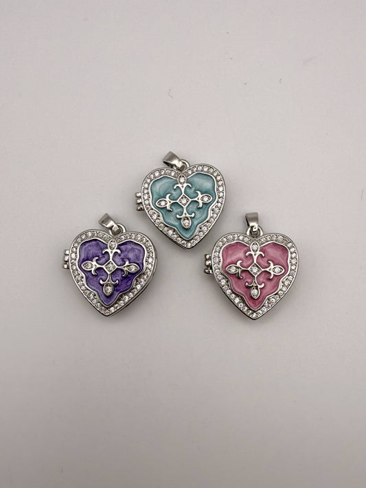 Silver Heart Enameled Emblem Locket Charm Pendant