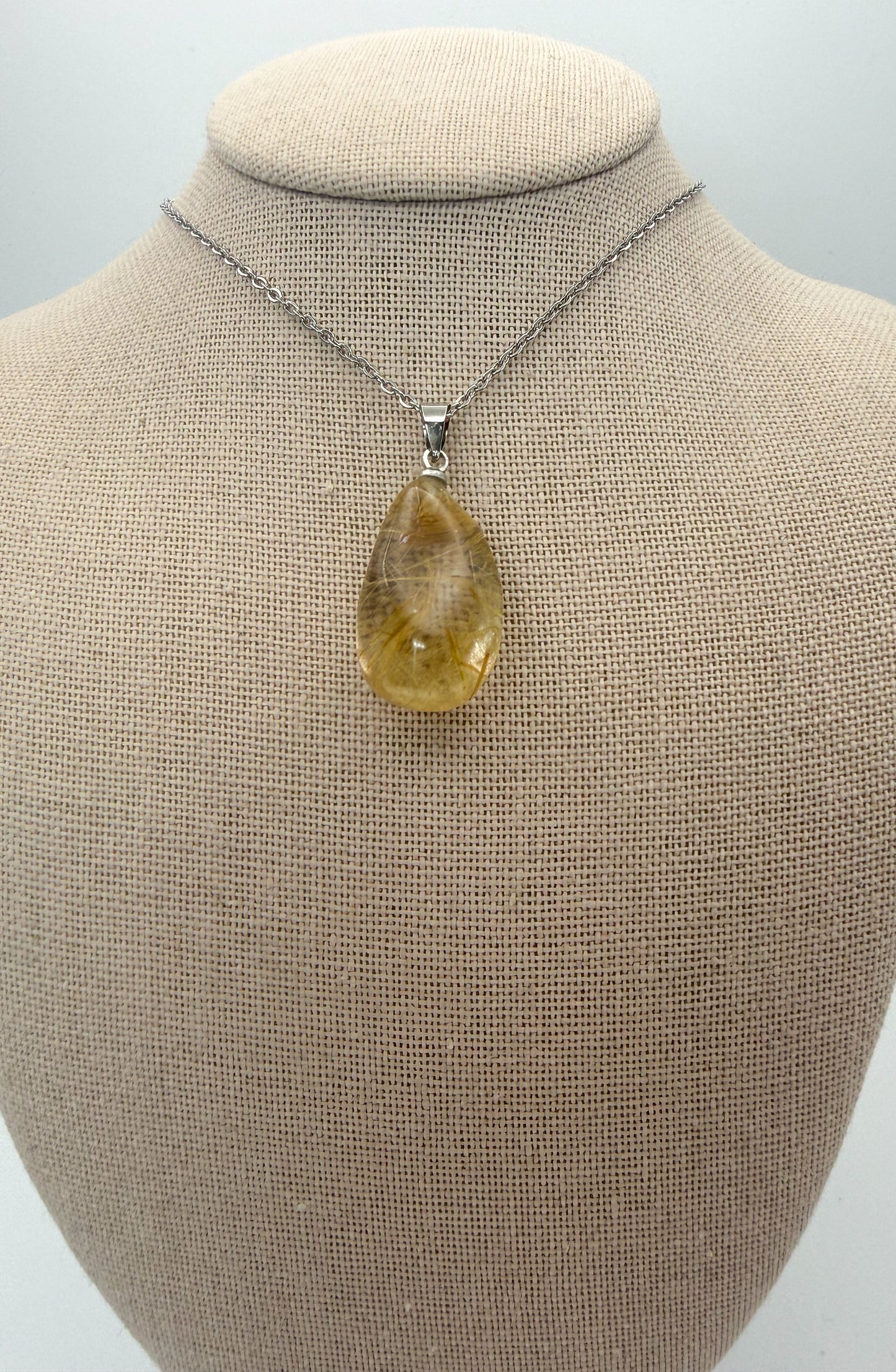 Natural Golden Rutilated Quartz Crystal Teardrop Pendant Stainless Steel Chain Necklace