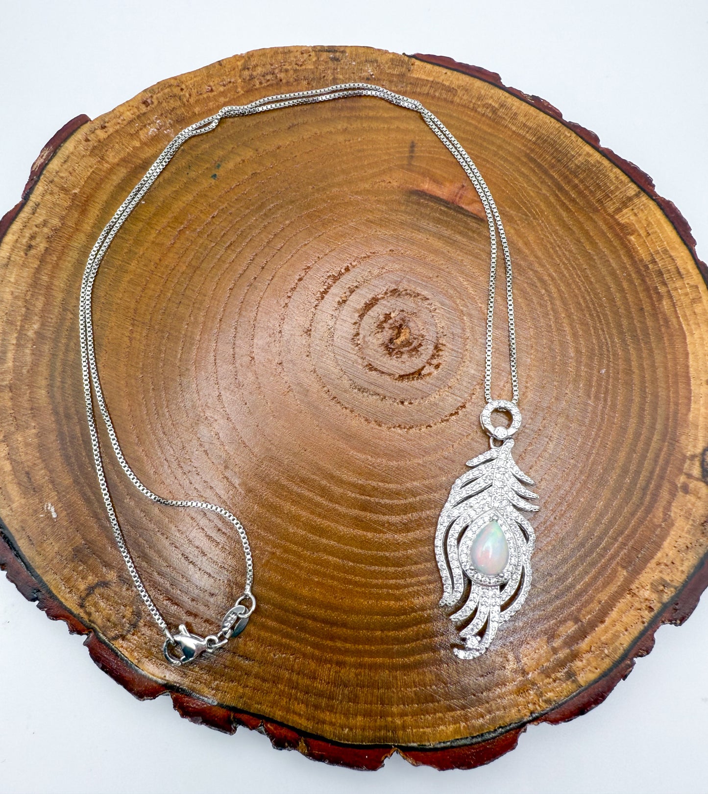 Natural White Opal Sterling Silver Feather Pendant Necklace