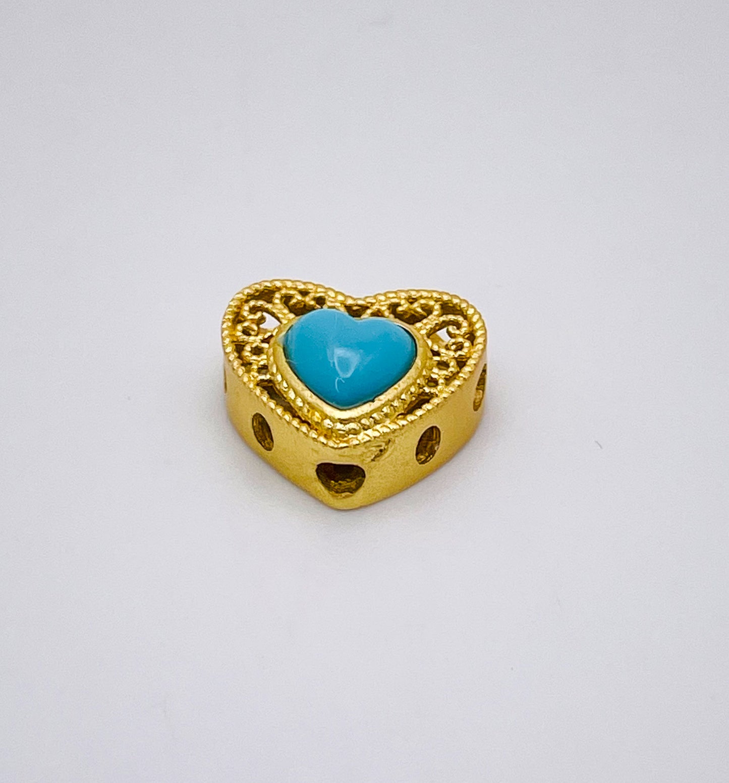 Gold Heart Charm Bead with Turquoise Synthetic Gem