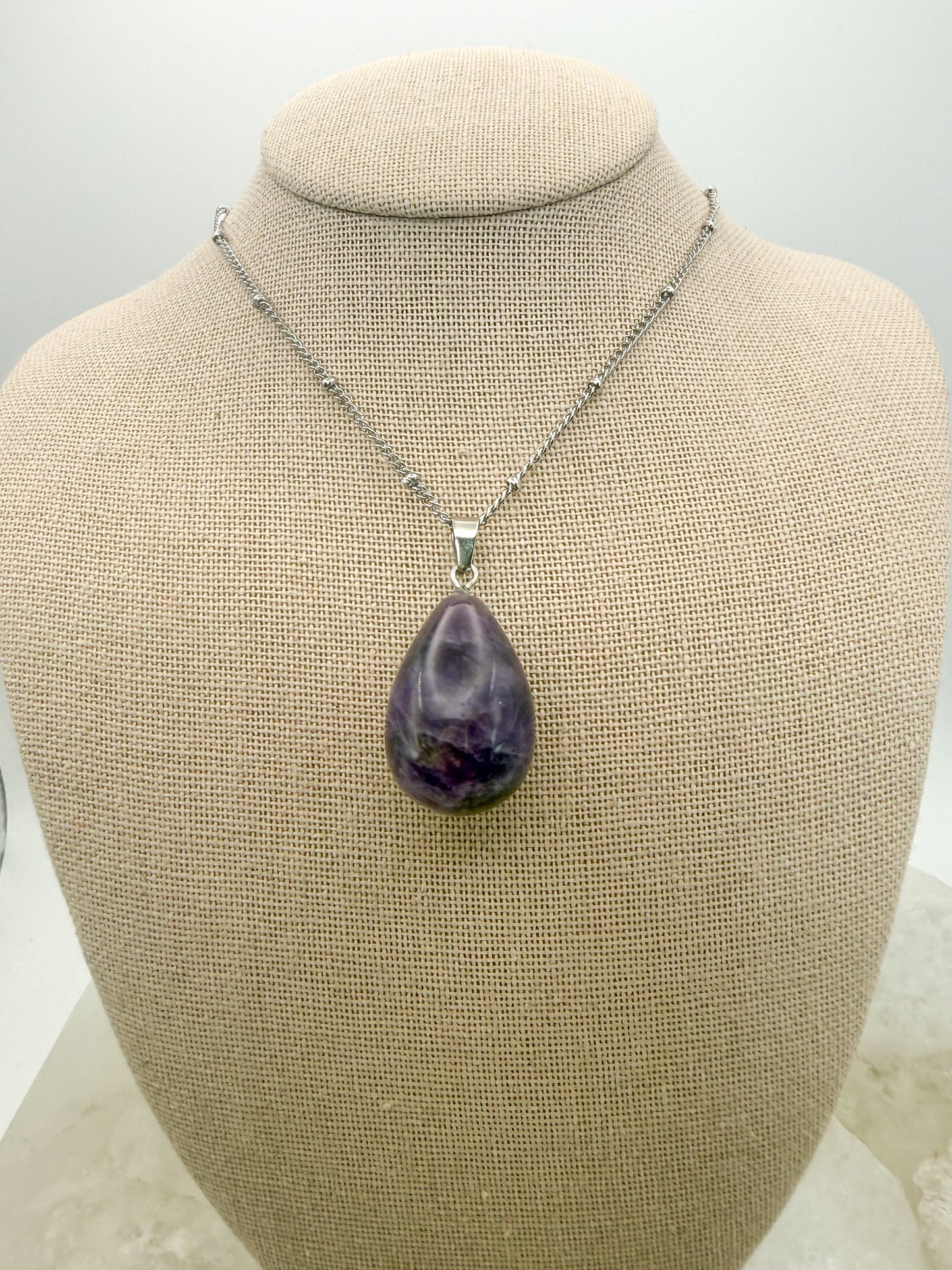 Natural Amethyst Teardrop Pendant Stainless Steel Chain Necklace