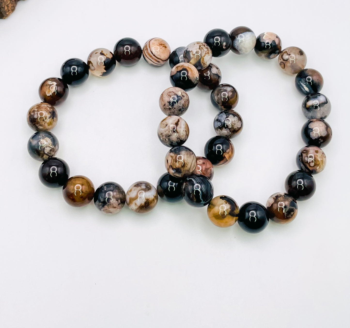 Natural Black Flower Agate Crystal Beaded Stretch Adjsutable Bracelet