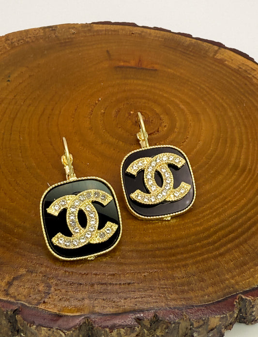 Gold w/ Black Enamel CC Designer Drop Earrings