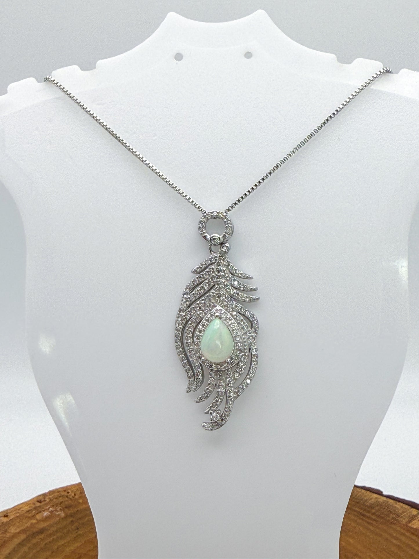 Natural White Opal Sterling Silver Feather Pendant Necklace