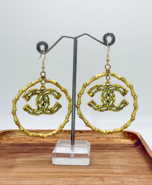 Gold Bamboo CC Designer Hoop Earrings
