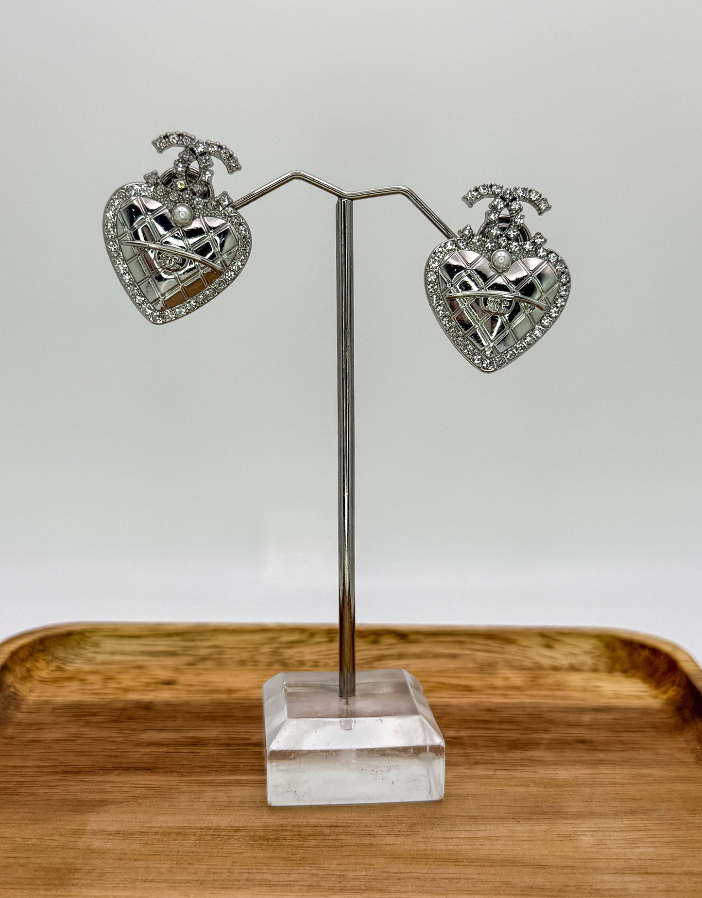 Silver CC Heart Stud Earrings- Stamped
