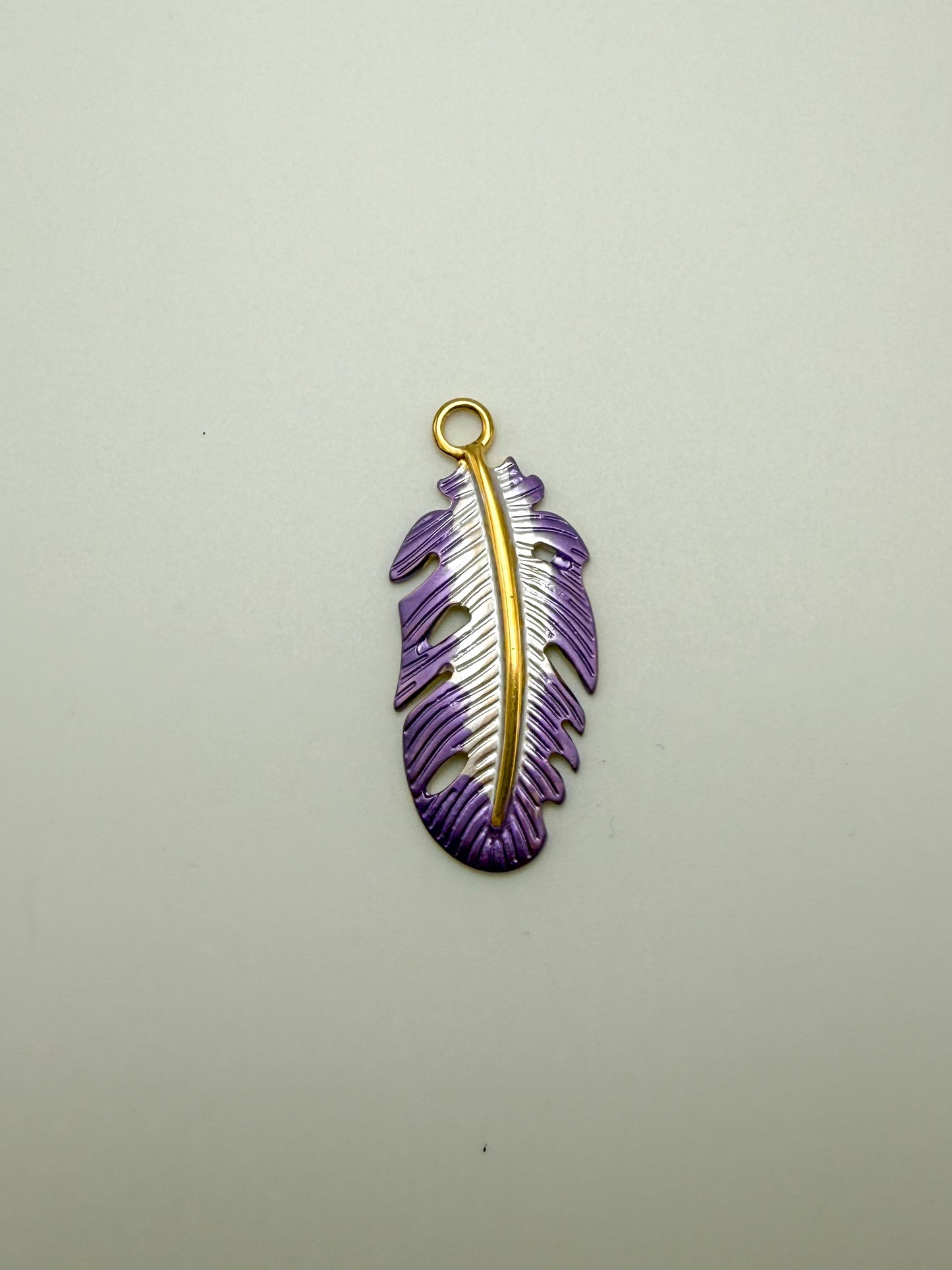 Stainless Steel Gold Purple Enamel Feather Charm Pendant