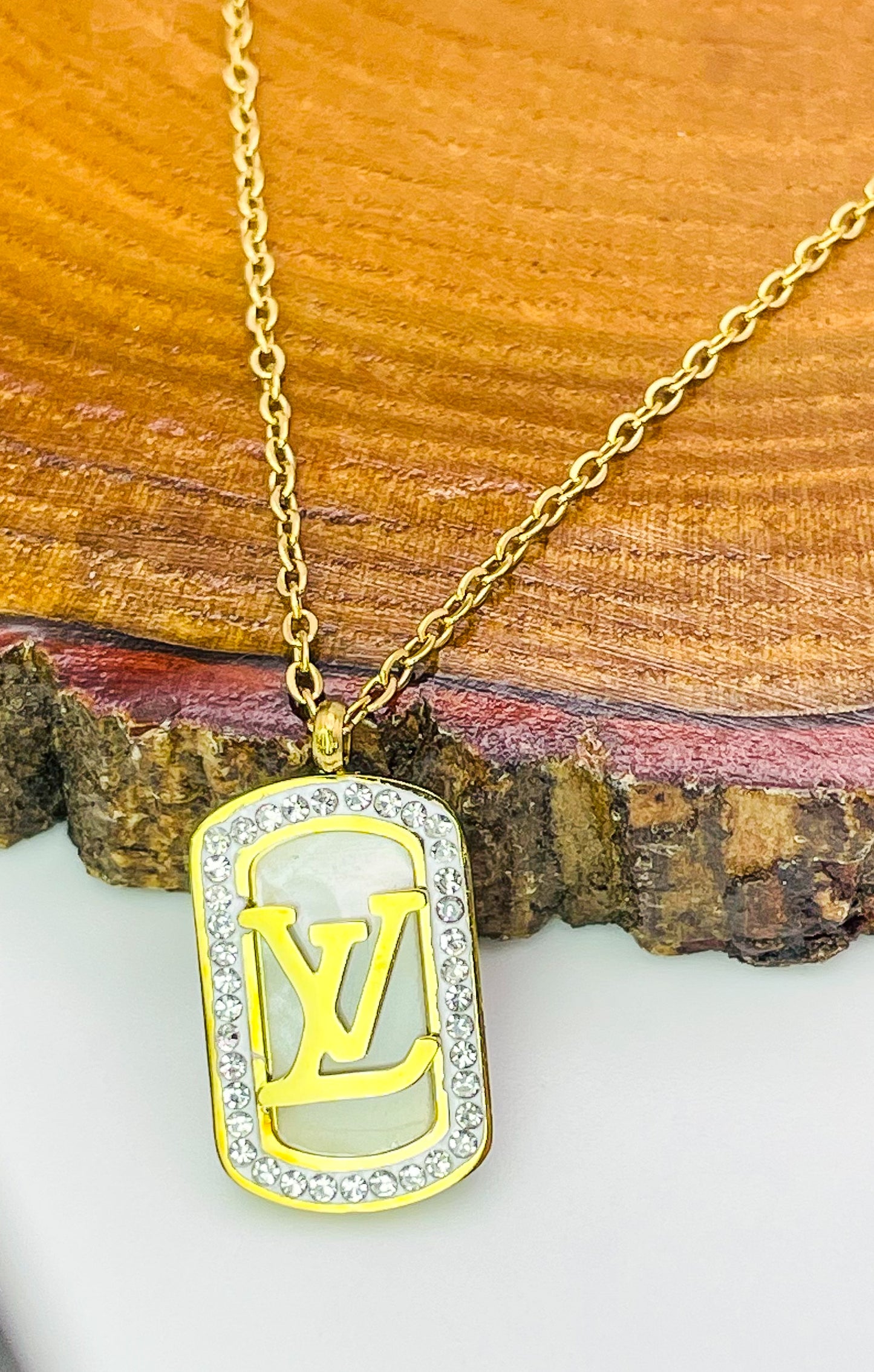 LV Mother of Pearl Rectangle Bling Pendant Stainless Steel Necklace, Gold or Silver