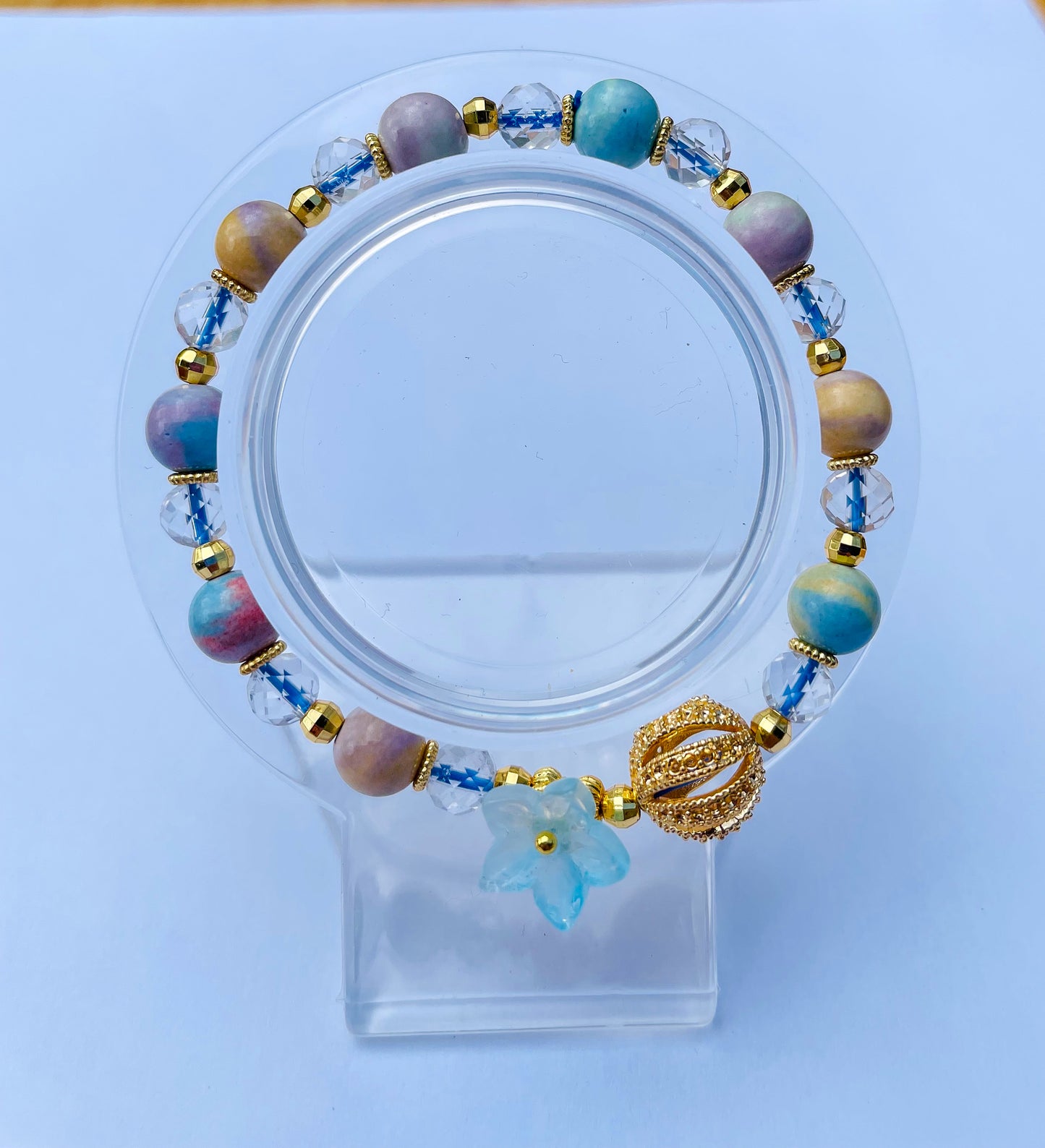 Rainbow Stone Sakura Flower Statement Beaded Stretch Adjustable Bracelet