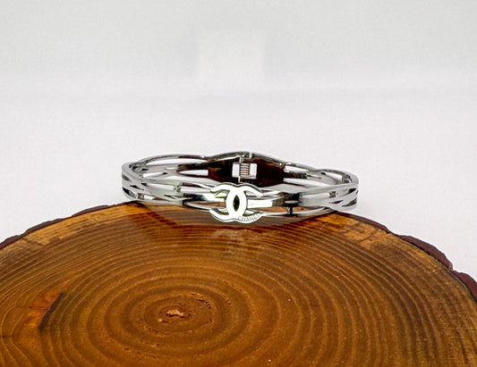 Silver Stainless Steel CC Designer Open Front Bangle Bracelet