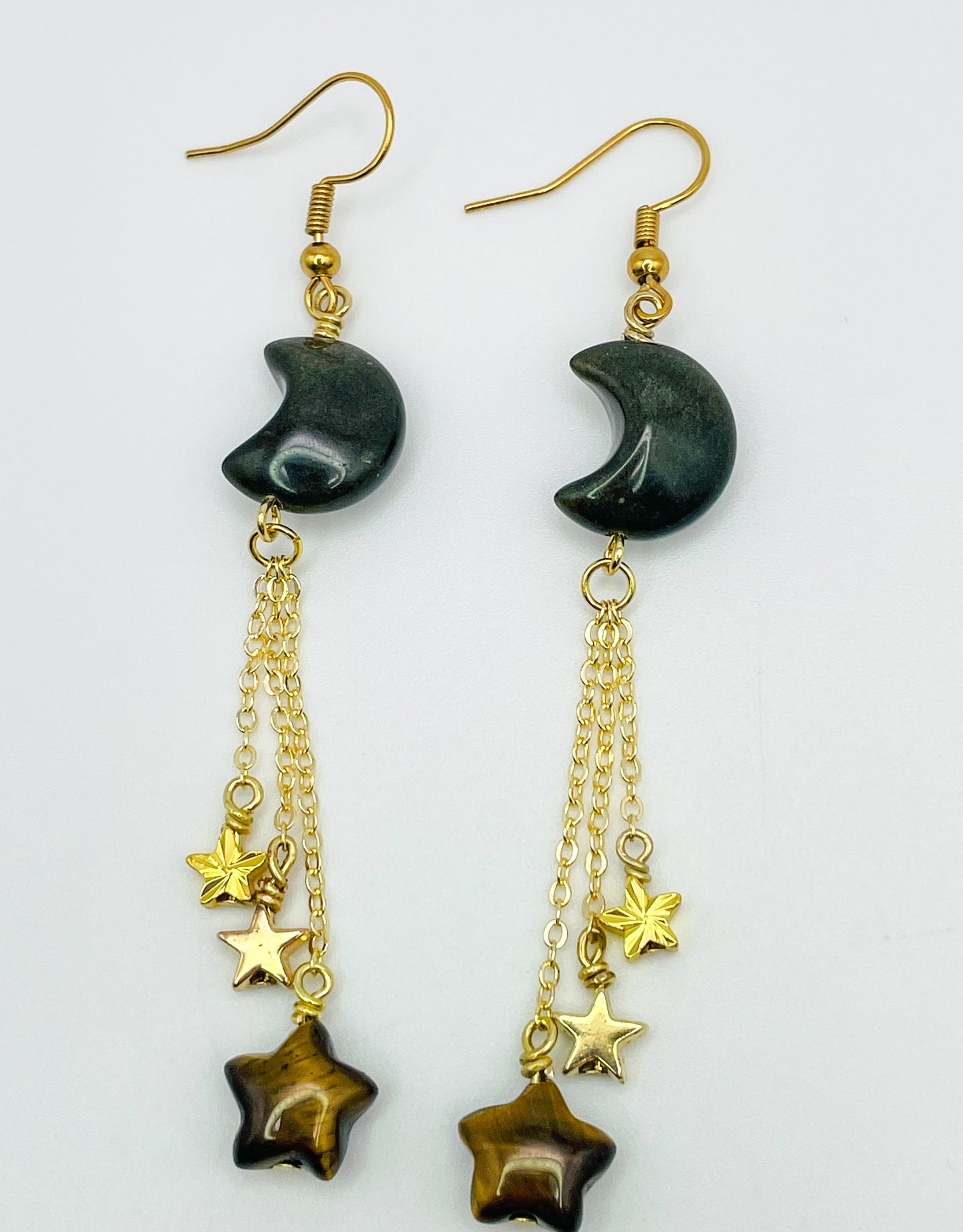 Gold Black Obsidian Moon Dangling Earrings with Natural Tigers Eye Star Beads