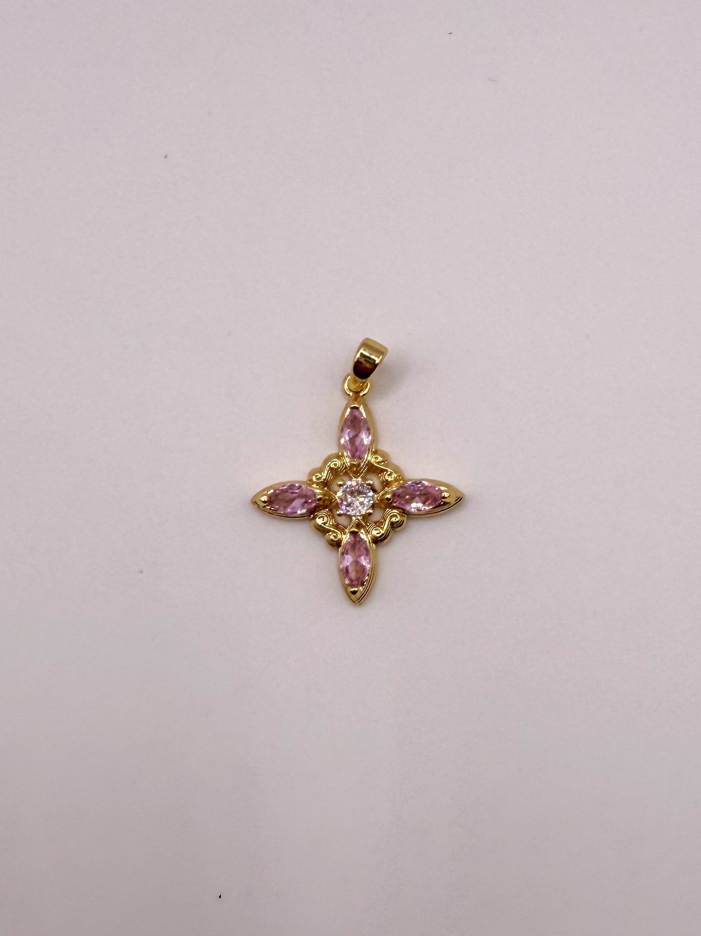 Pink Zircon Star Cross Gold Charm Pendant