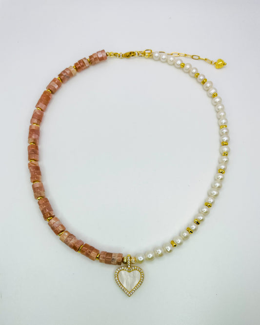 50/50 Love Necklace with Freshwater Pearls, Natural Peach Moonstone Crystal Rondelle Beads & Mother of Pearl Shell Gold Heart Pendant