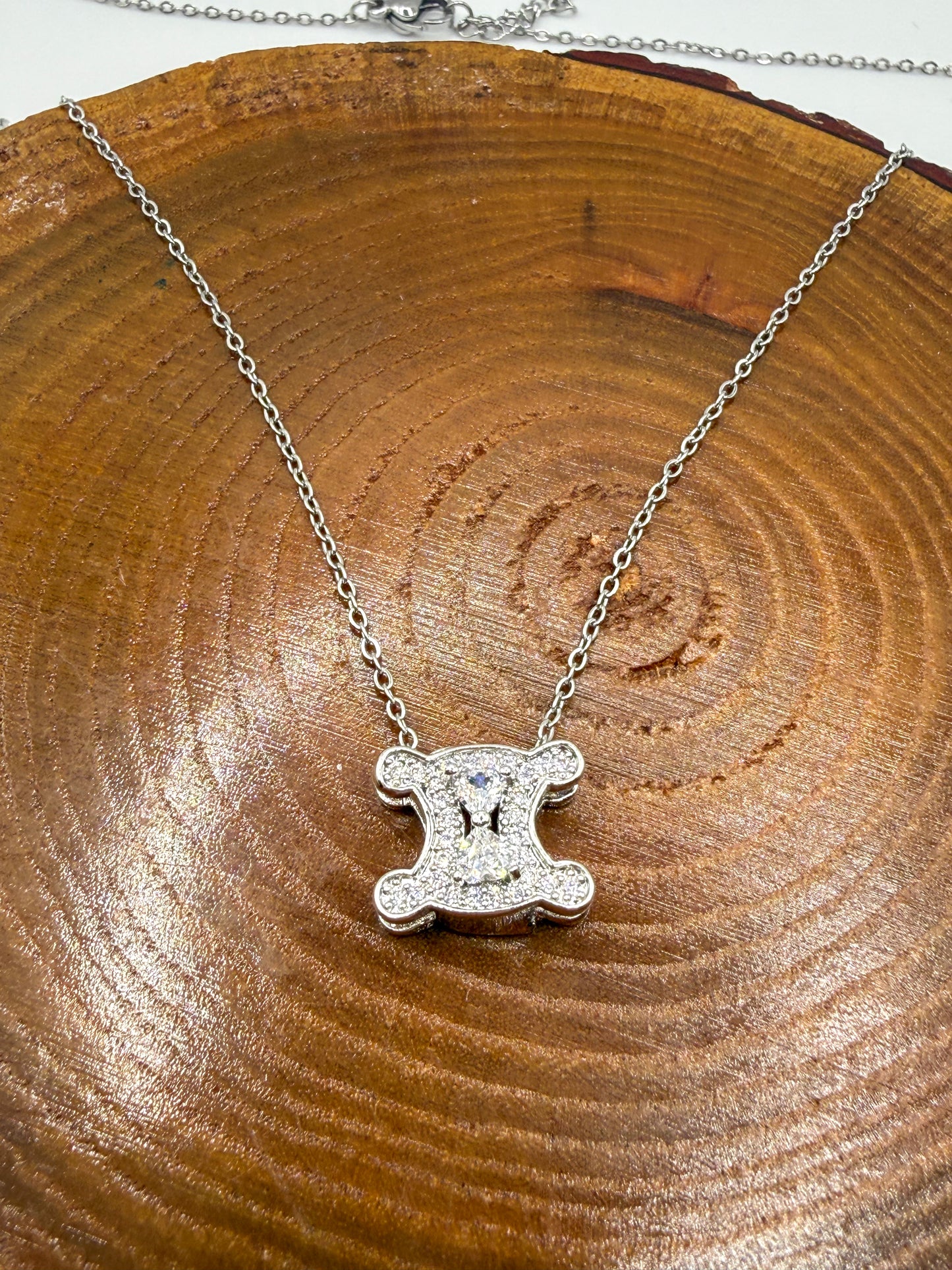 Silver Sparkly Celine Designer Logo Stainless Steel Necklace