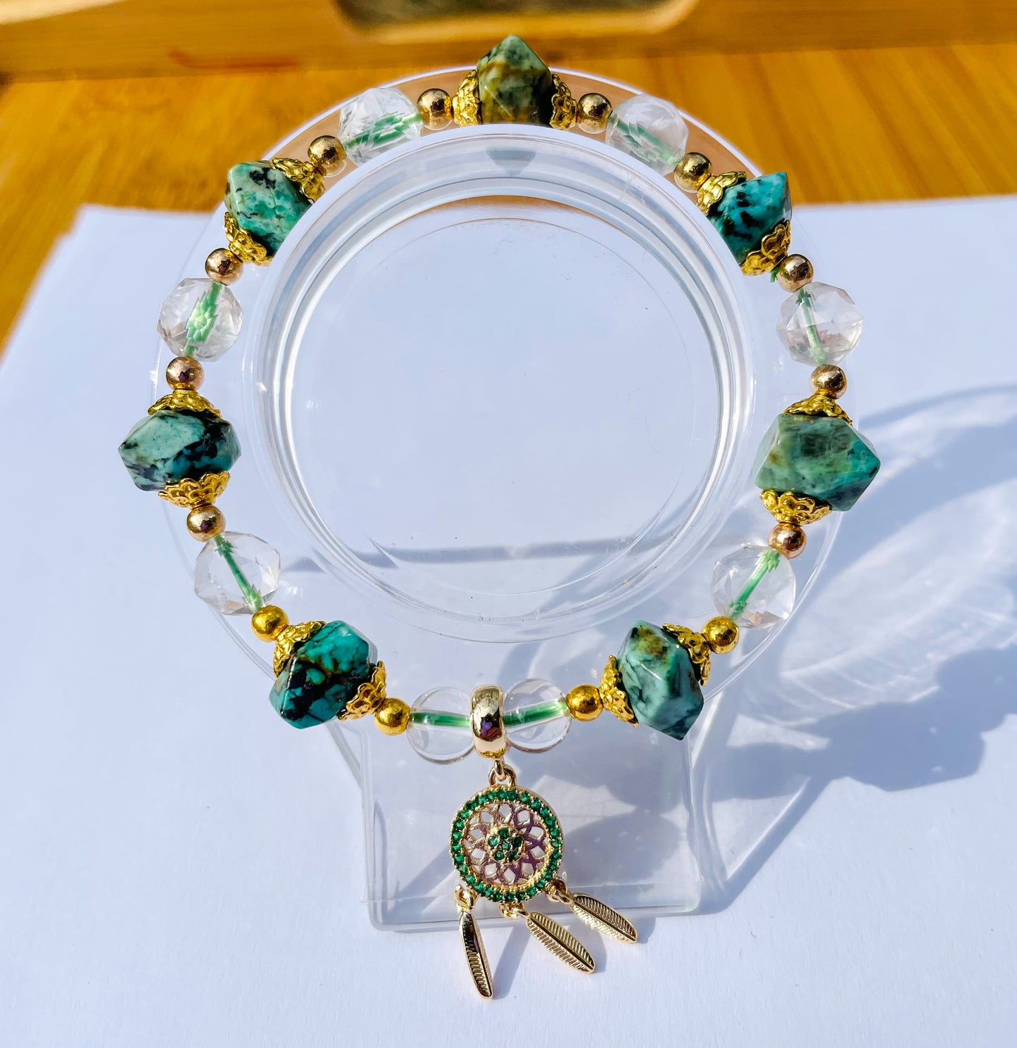 Natural African Turquoise Irregular Shaped Beaded Stretch Adjustable Bracelet with Gold Dreamcatcher Charm