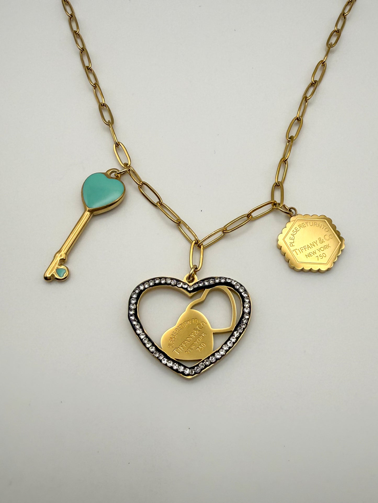 Gold Stainless Steel T&Co. Charm Necklace & Stud Earrings Jewelry Set