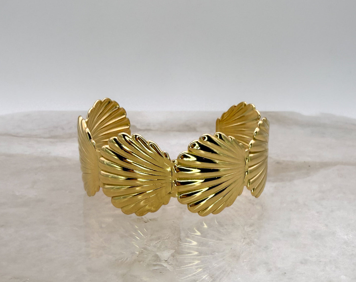 Scallop SeaShell Stainless Steel Gold or Silver Plated Open Back Adjustable Cuff Bangle Bracelet