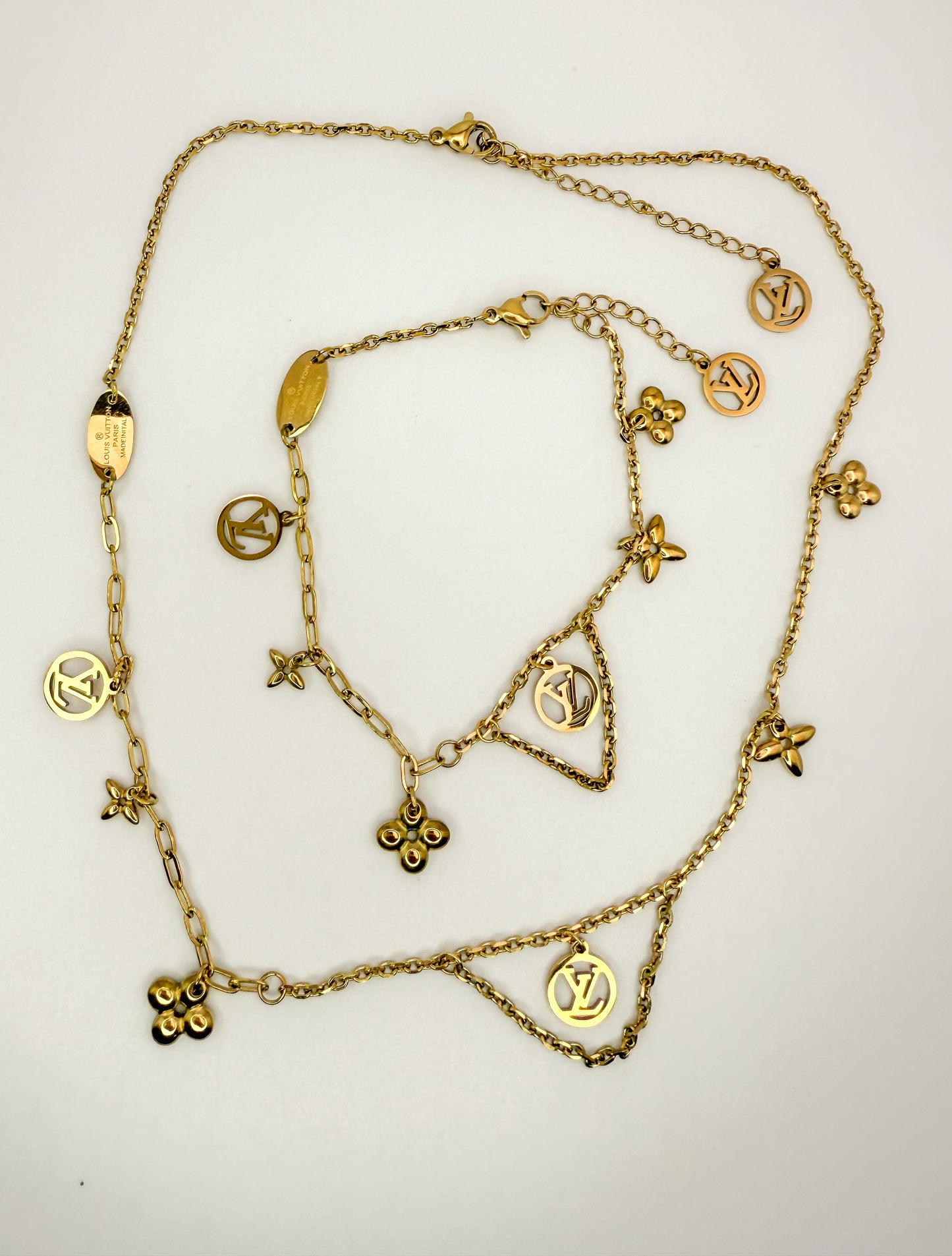 Matching LV Designer Logo Gold Stainless Steel Necklace & Bracelet Set
