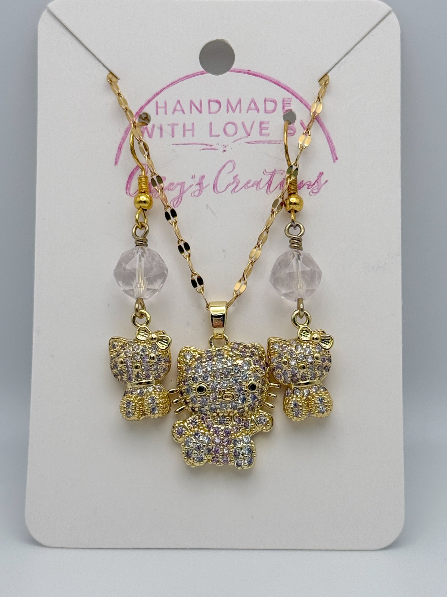 Hello Kitty Bling Gold Jewelry Set- Matching Necklace and Earrings-S925 Gold