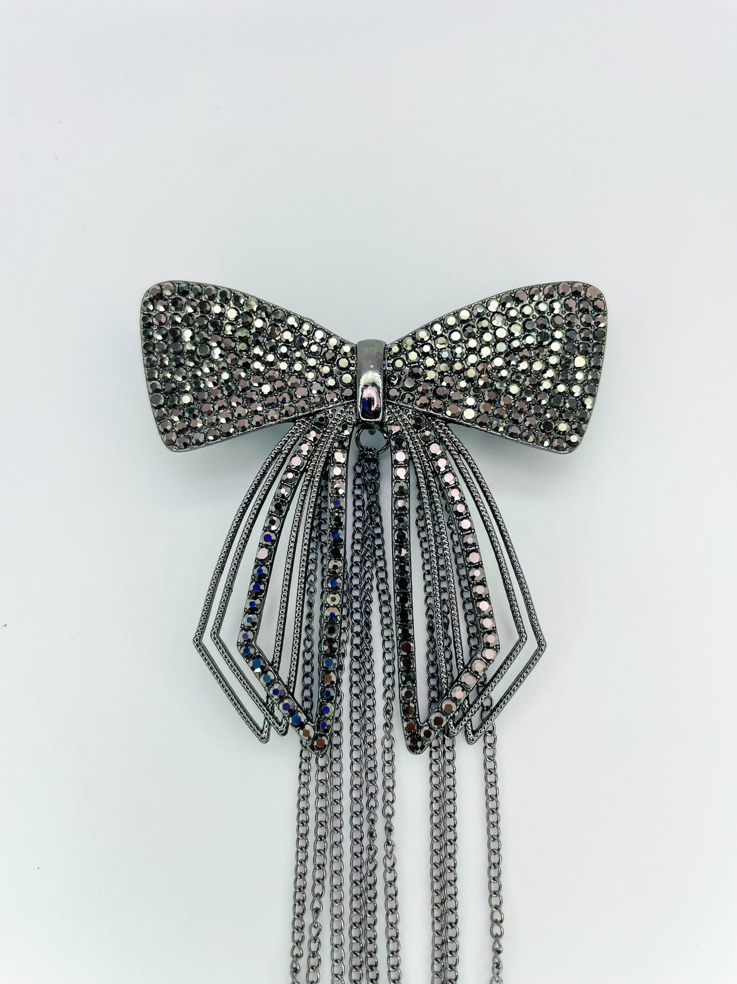Black Bow Brochette with Dangling Black Chain; Hair Pin