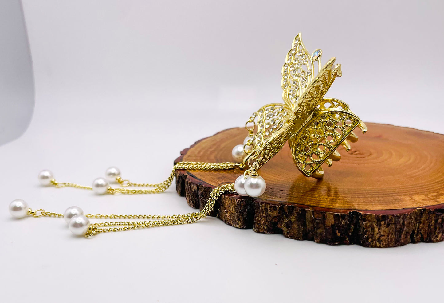 Small Size Gold Bling Butterfly Hair Clips with Dangling Gold Chain & Pearls