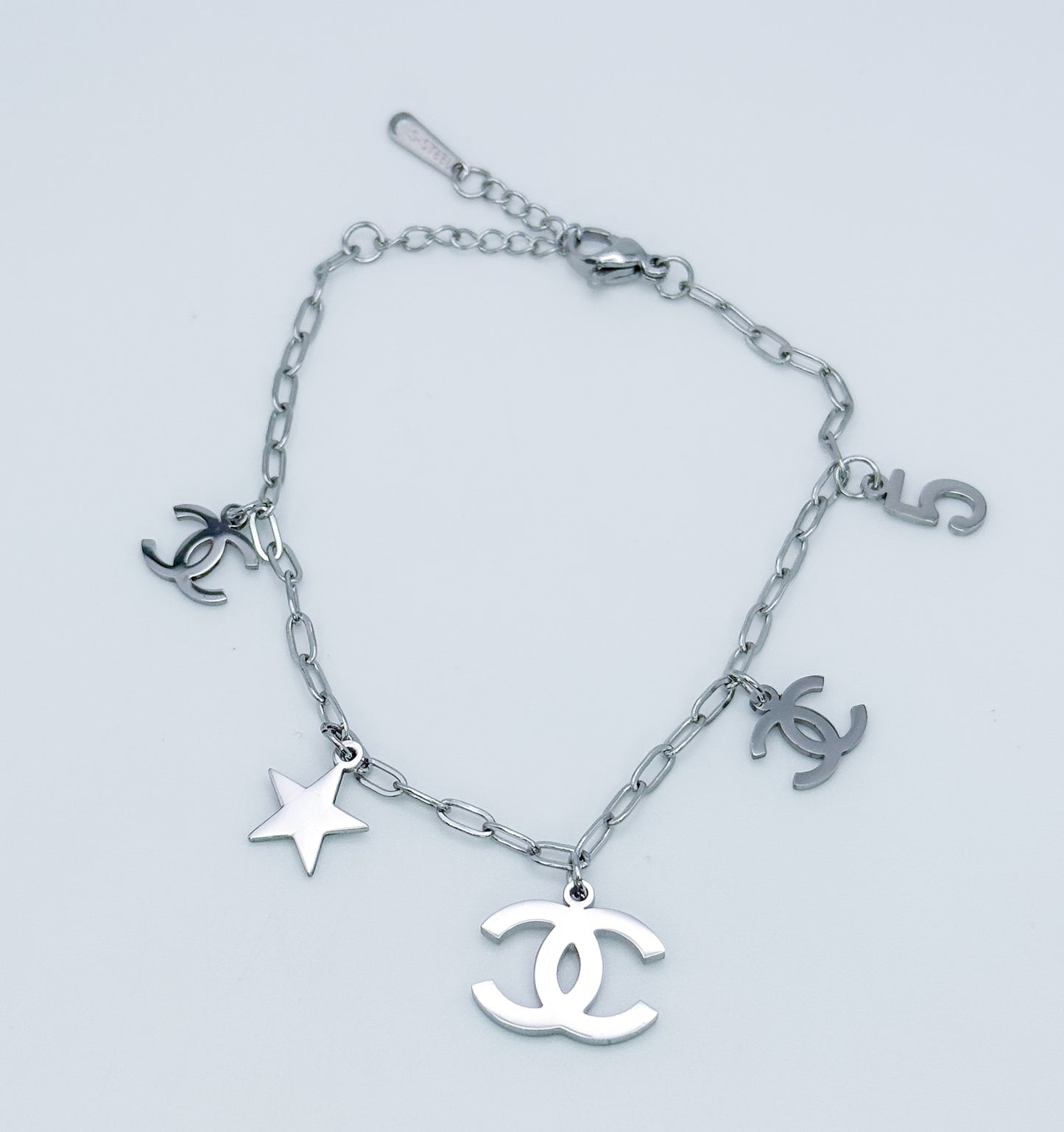 Silver CC Designer Stainless Steel Adjustable Bracelet