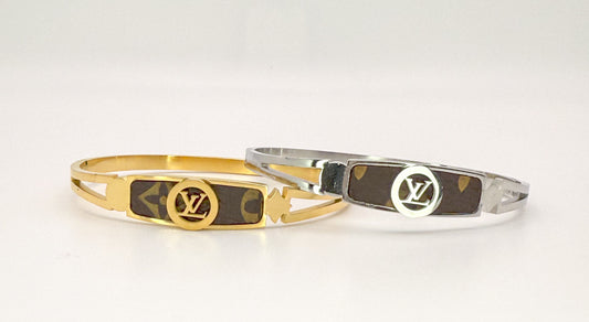 LV Gold or Silver Stainless Steel Bangle with Brand Leather