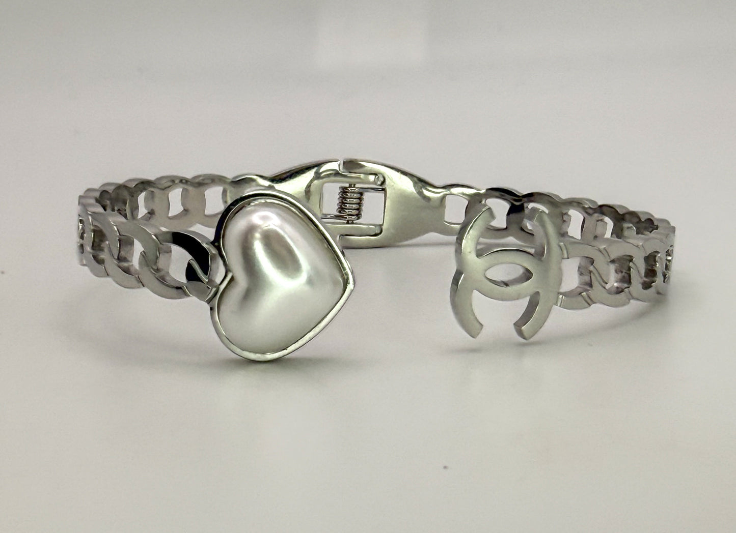 Silver Open Front CC Pearl Heart Stainless Steel Bangle Bracelet