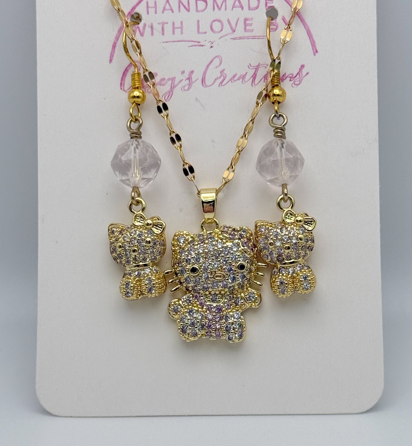 Hello Kitty Bling Gold Jewelry Set- Matching Necklace and Earrings-S925 Gold