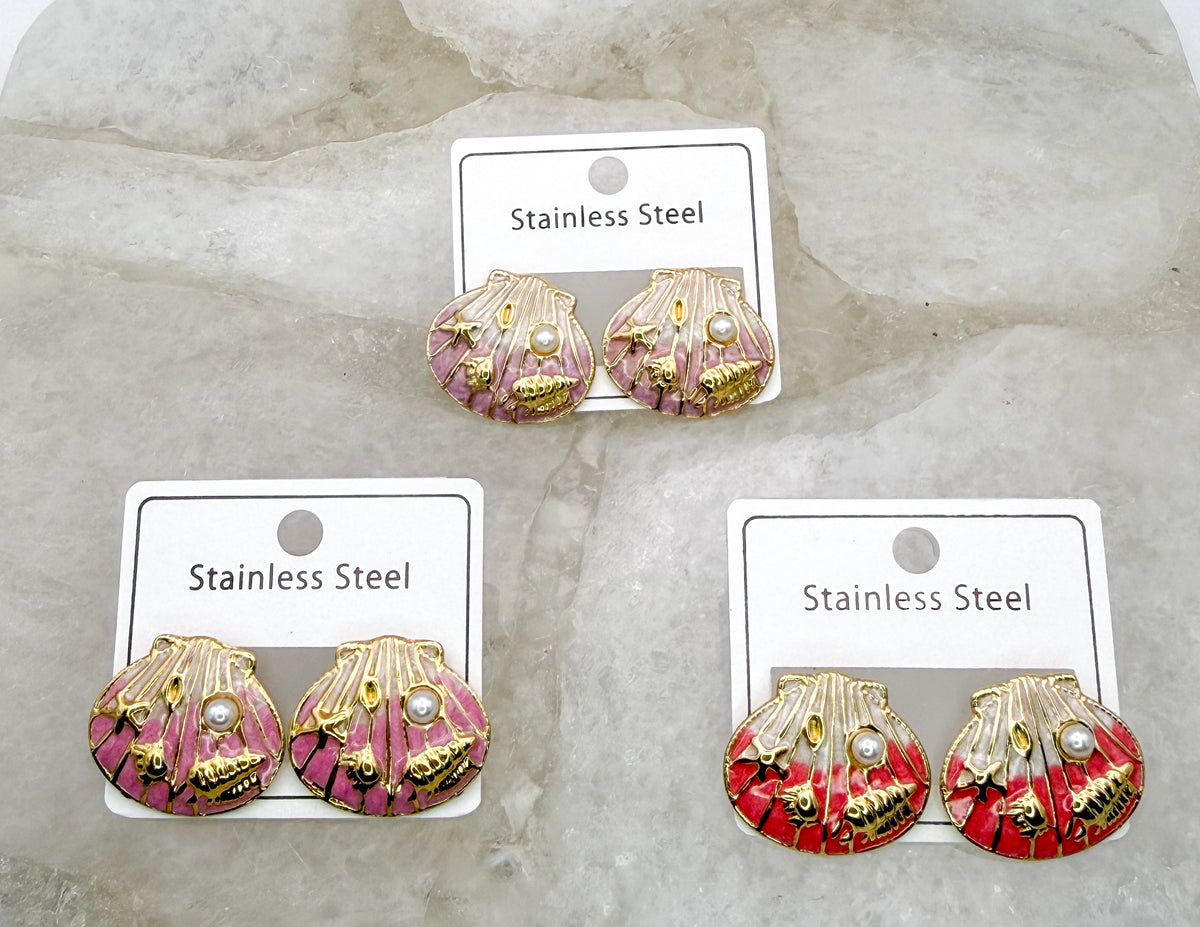 Gold Stainless Steel Colorful Shell Stud Earrings