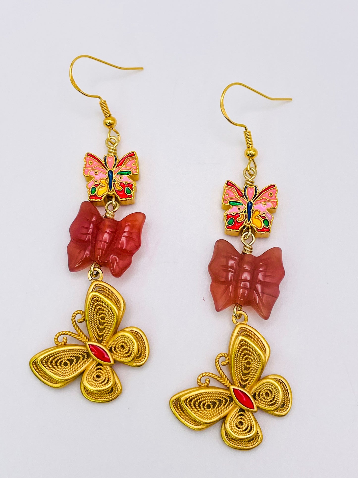 Triple Transformation Butterfly Earrings with Natural YanYuan Agate Butterfly Craved Beads