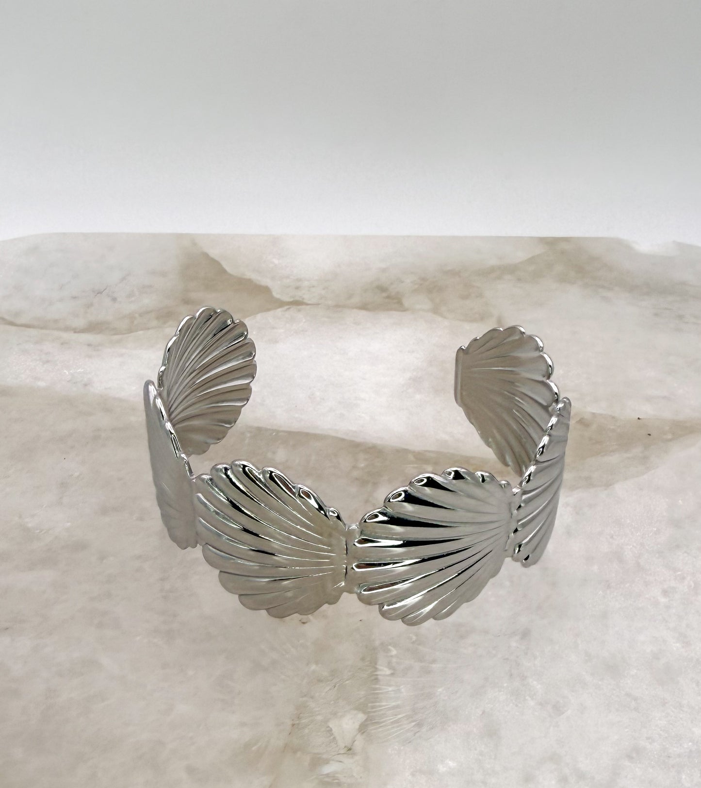 Scallop SeaShell Stainless Steel Gold or Silver Plated Open Back Adjustable Cuff Bangle Bracelet