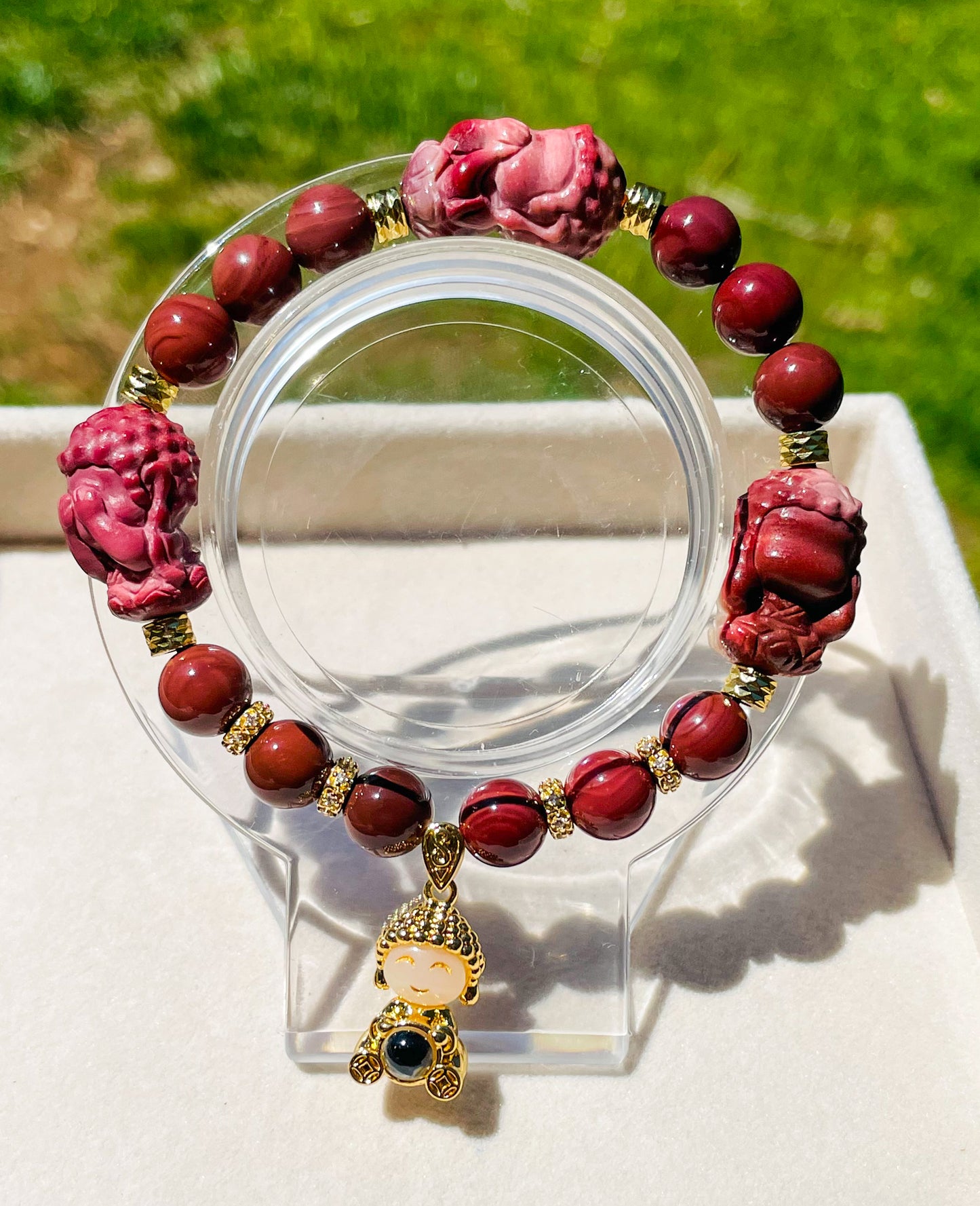 Hear, See & Speak No Evil Baby Budda Sitting on Lotus Natural Alashan Agate Crystal Carving Beaded Stretch Adjustable Bracelet