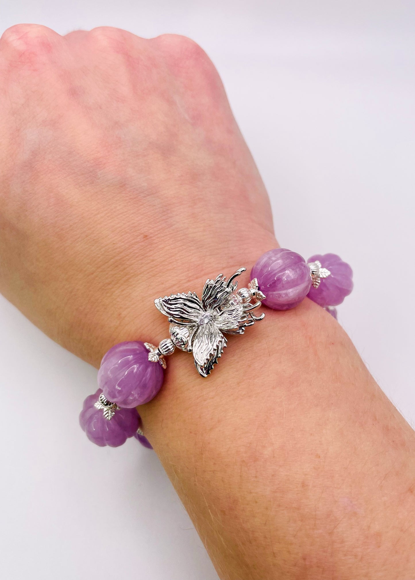 Natural Kunzite Pumpkin Craving Crystal Bracelet with Silver Double Butterfly Charm