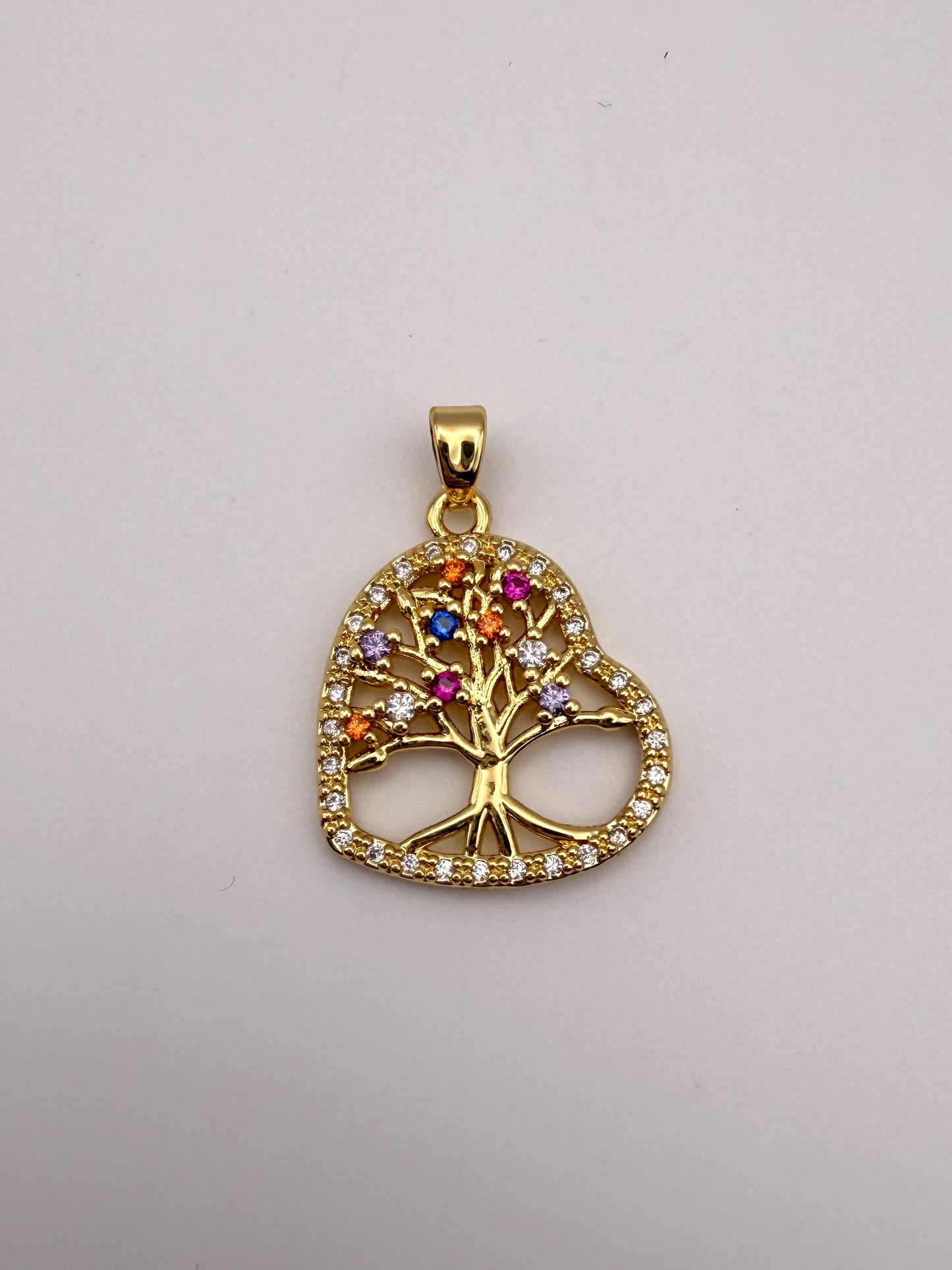 Gold Colorful Zircon Tree of Life Heart Charm Pendant