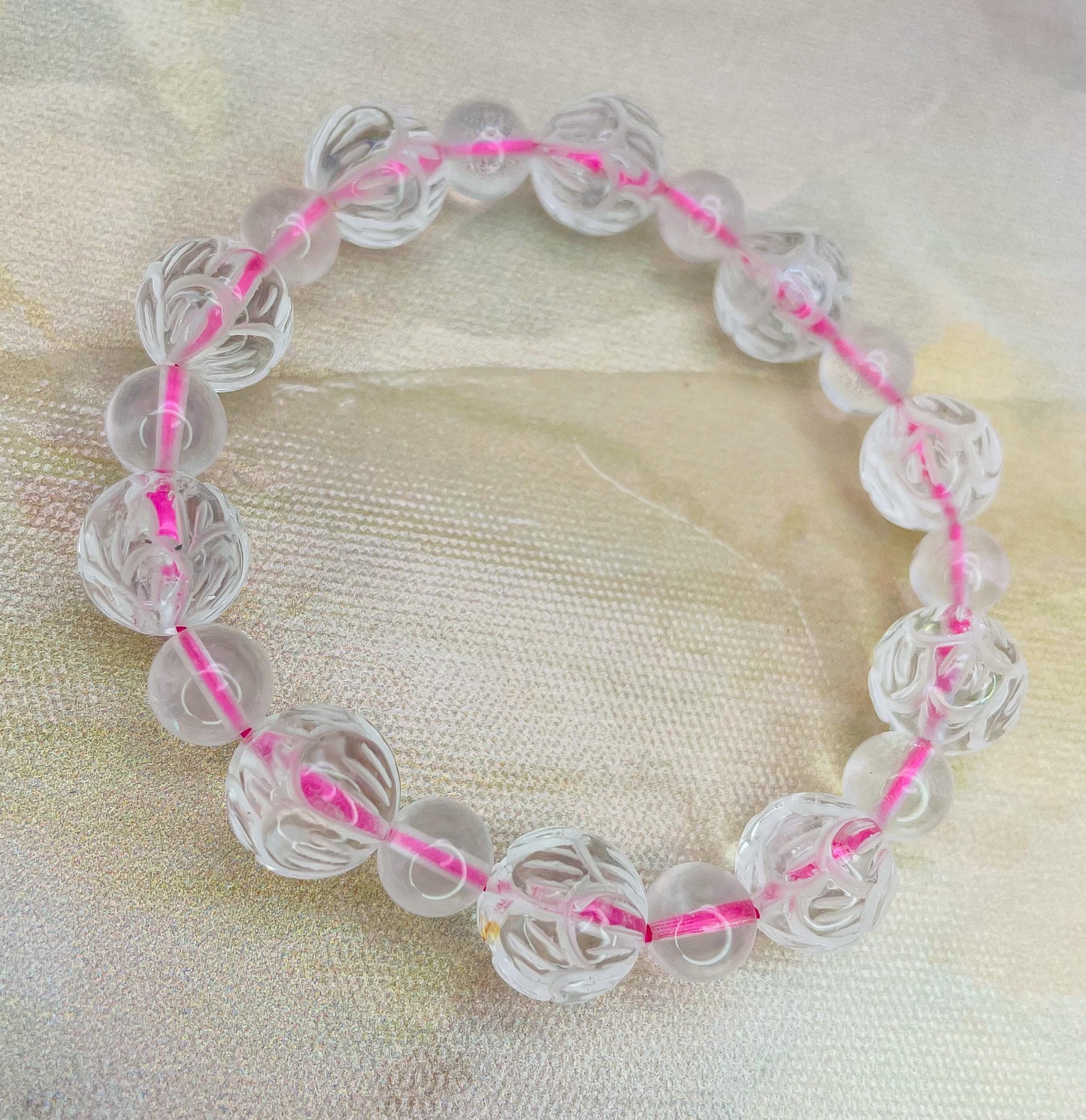 Lotus Craved Natural Crystal Beaded Bracelets- Clear Quartz, Rose Quartz