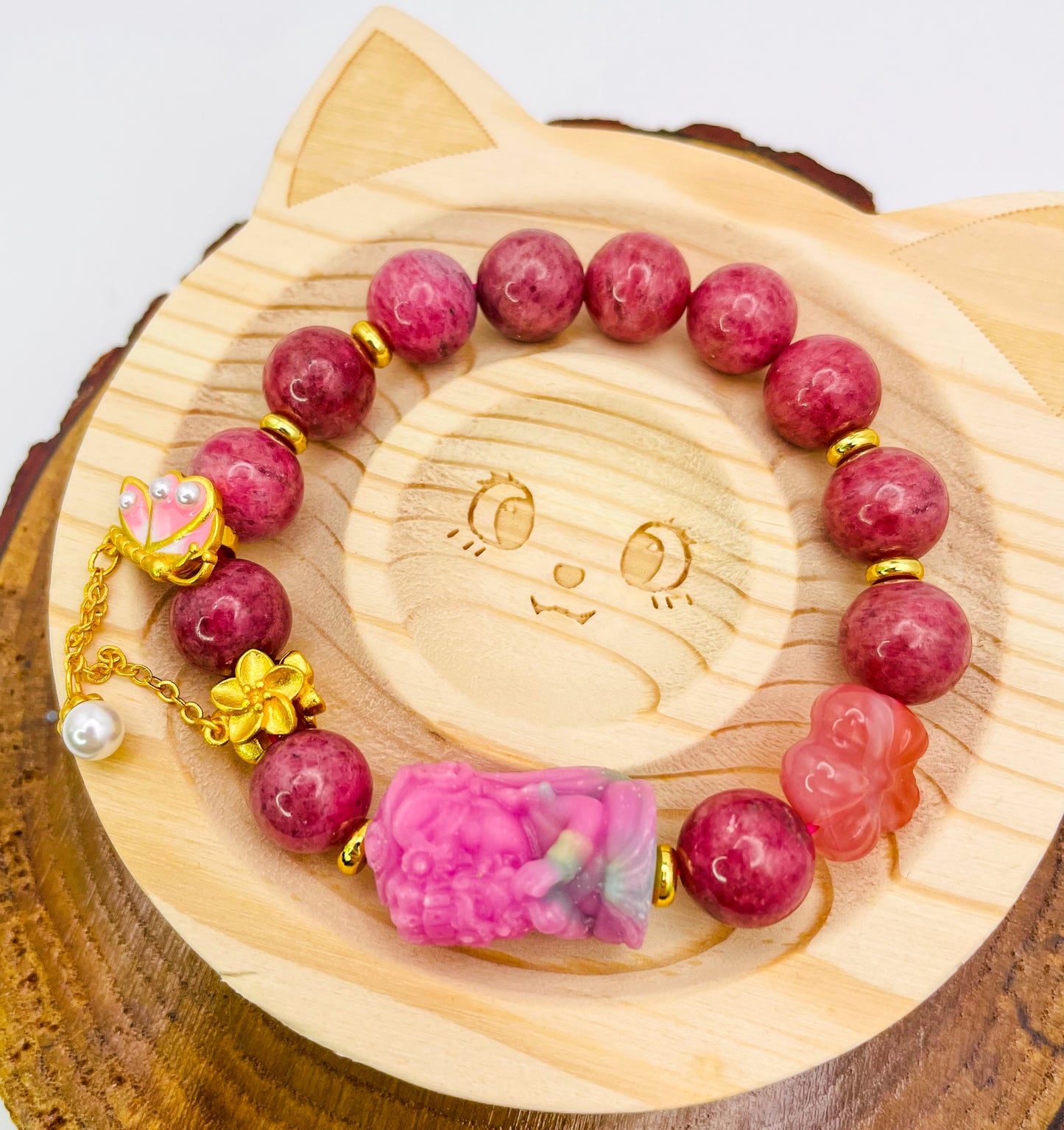 Goddess of Protection Drashi Llamo Pink Rhodonite Statement Bracelet